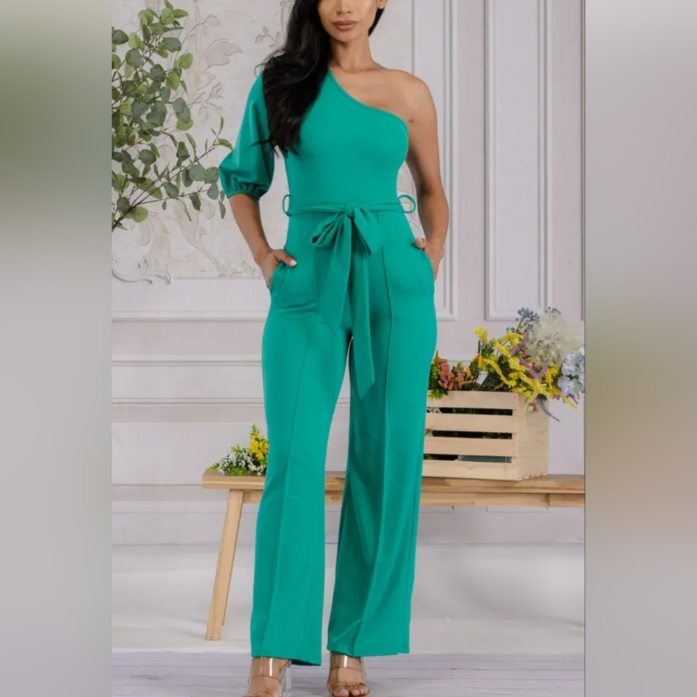 H & H Teal One-Shoulder Jumpsuit